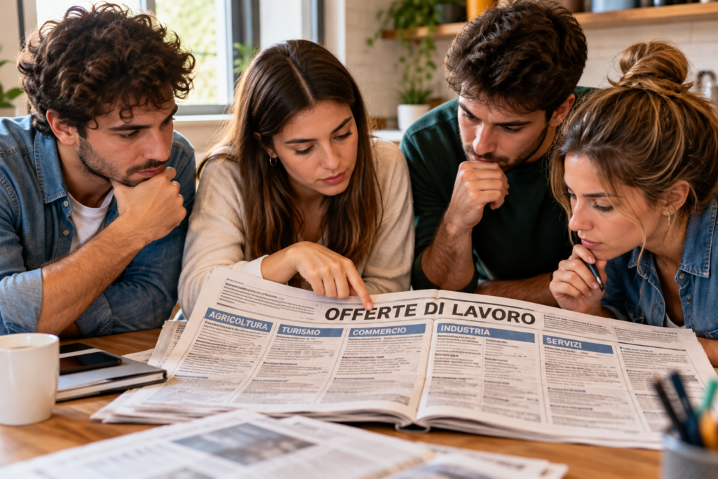 Giovani leggono le offerte di lavoro